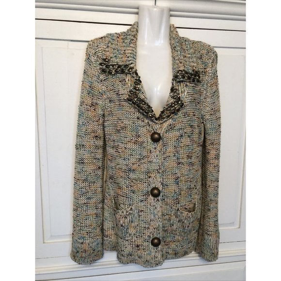 BCBG Large Long Cardigan Sweater Jeweled Collared - Picture 3 of 5